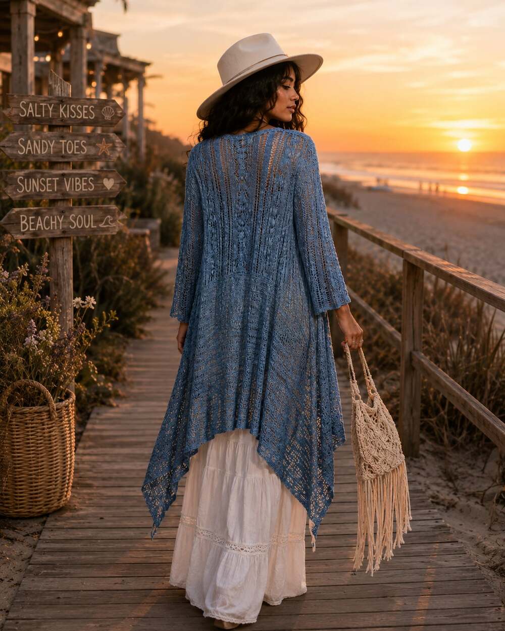 NIC+ZOE Blue Open-Front Lightweight Asymmetrical Crochet Knit Cardigan Sz.XL
